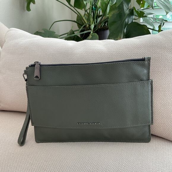Etienne Aigner Handbags - Etienne Aigner Leather Wristlet Clutch Sage Green Zip Pouch 11x 8 Madison Style